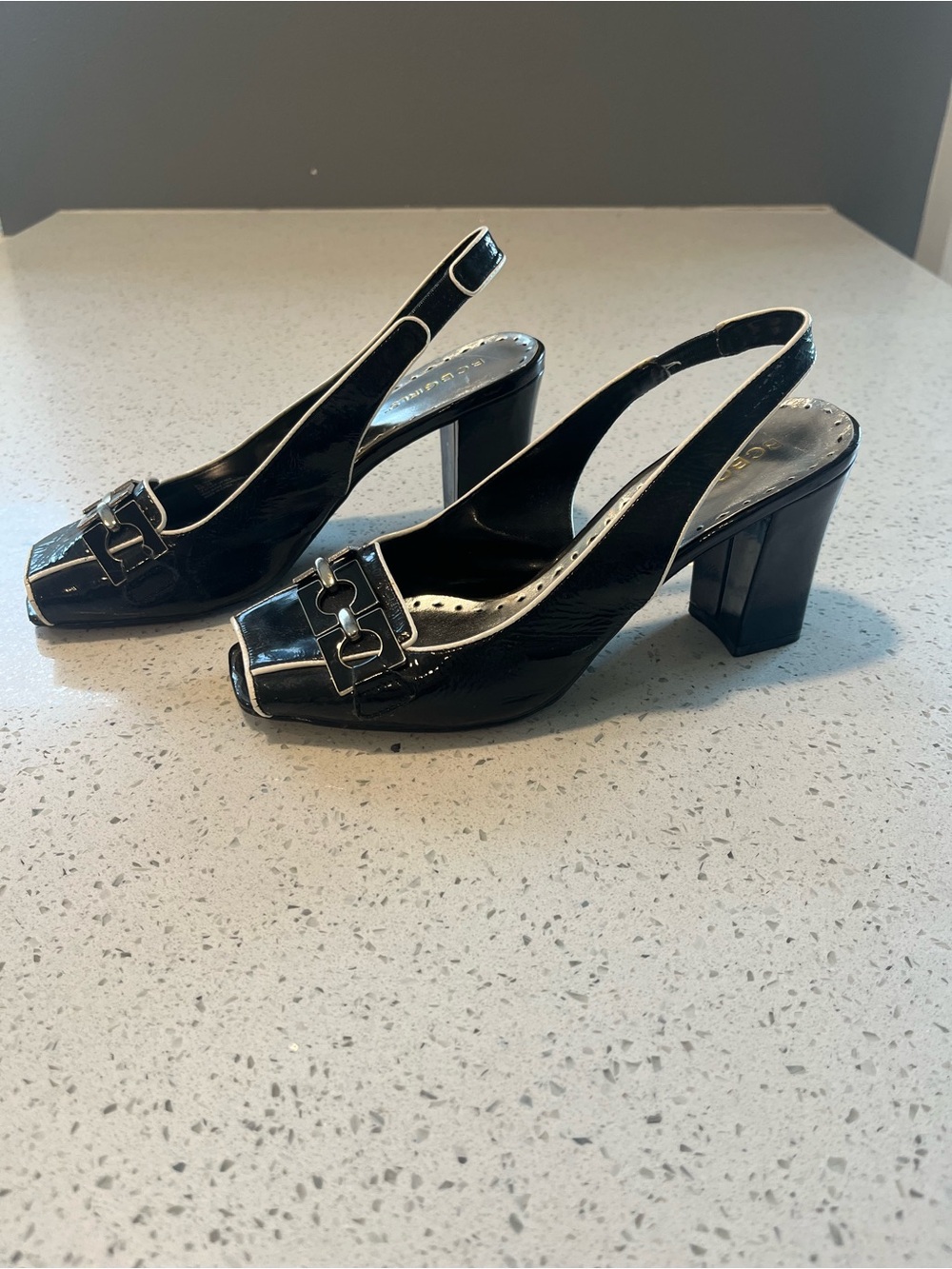 BCBGirls Black Patent Slingback Block Heel Pumps with Buckle